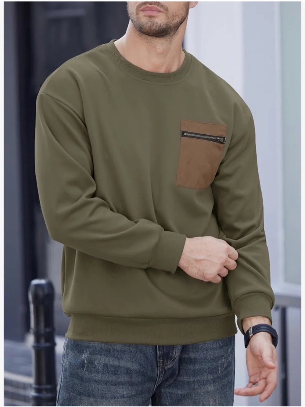 NWOT Men's Olive Green Crewneck Sweatshirt with Contrast Chest Pocket
